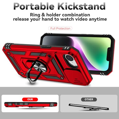 for iPhone 17E / iPhone 16E Case, with Camera Lens Cover HD Screen Protector, Dual Layer Military-Grade Drop Tested Magnetic Ring Holder Kickstand Protective Phone Case for iPhone 16E / 17E (Red) - color: Red with camera cover Military-Grade 2nd gen