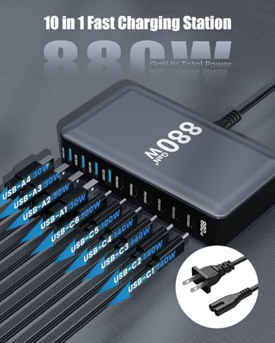 880W USB C Charger Block,10-Port USB C GaN Multiple Port Charging Station