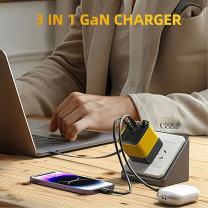 3 in 1 GaN Charger,80w Fast Charger Adapter with Type-C Cable & 2 USB Ports,Multi-Functional Retractable All in one Charger for Phone,Tablets,laptops (Yellow)