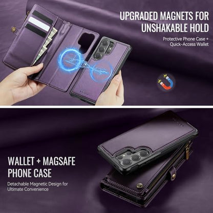 Defencase for Galaxy S26 Ultra Case Wallet Compatible with Magsafe, Purple | Magnetic Detachable, RFID Bolcking Card Holder, Zipper Strap, PU Leather Drop-Proof Phone Cover for Samsung Galaxy S26 Ultra - color: (Detachable with Magsafe)-Purple
