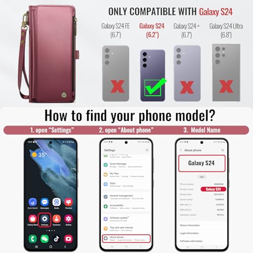 Defencase for Samsung Galaxy S24 Wallet Case with RFID Card Holder, WineRed | Durable Soft PU Leather, with Zipper Pocket, Wrist Strap, Fashion Snap Flip S24 Phone Cases Cover with Stand for Women Men - color: Wine Red