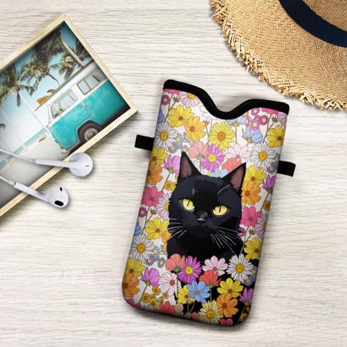 Universal Neoprene Cell Phone Pouch 7.1 X 4 in Mobile Protection Case Bag with Crossbody Strap/Neck Lanyard Black Cat Floral Printed Pattern - color: Black Cat Floral Printed Pattern