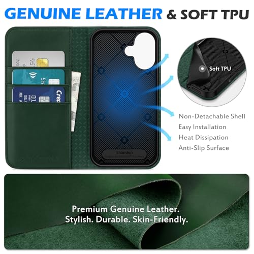 SHIELDON Genuine Leather Wallet Case for iPhone 16 6.1" 2024, Evergreen | RFID Blocking, Credit Card Holder, Magnetic Closure, Kickstand, Folio Design, Full Protection, Shockproof Phone Cover - color: Evergreen