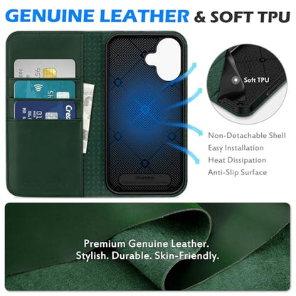 SHIELDON Genuine Leather Wallet Case for iPhone 16 6.1" 2024, Evergreen | RFID Blocking, Credit Card Holder, Magnetic Closure, Kickstand, Folio Design, Full Protection, Shockproof Phone Cover - color: Evergreen