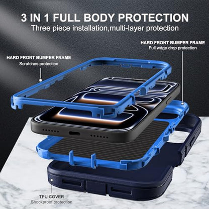 YKHJKLEC for iPhone 17 Pro Case, Military Grade 3 in 1 Heavy Duty Shockproof/Drop Proof/Dust Proof Case with 2Pcs Tempered Glass Screen Protector (Navy Blue) - color: Navy Blue