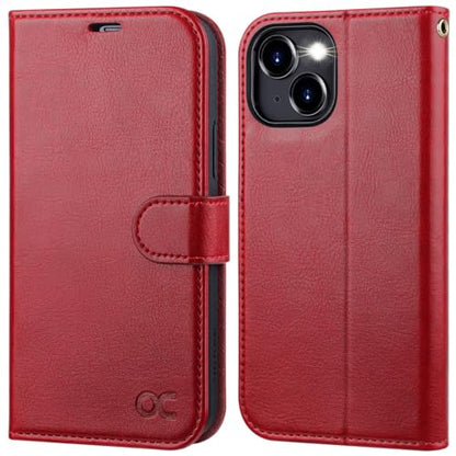 OCASE Compatible with iPhone 15 Wallet Case, PU Leather Flip Folio Case with Card Holders RFID Blocking Kickstand [Shockproof TPU Inner Shell] Phone Cover 6.1 Inch 2023, Red - color: Red