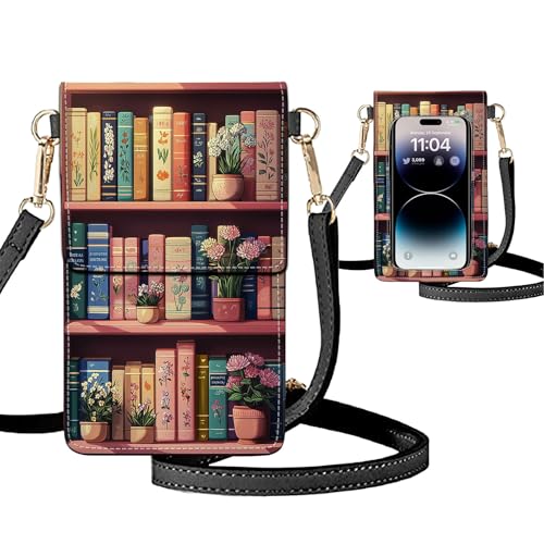 Small Crossbody Bags for Women Touchscreen Cell Phone Bag Cross Body Purses with adjustable Strap,Gifts For Teenage Girls - color: Botanical Bookshelf