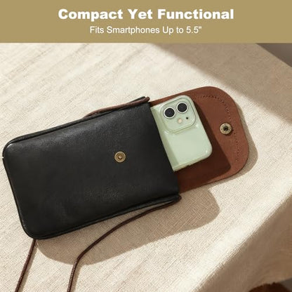 Cell Phone Pouch for Around the Neck Black PU Leather Necklace Holder with Adjustable Lanyard Flip Case and Carrier for Small Travel Purse and Credit Card Holder Hands-Free Mobile Bag