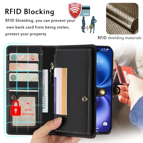 for Wallet Case Compatible with iPhone 16,Multi-Function Detachable 2 in 1 Magnetic iPhone 16 Case Wallet,Flip Strap Zipper Card Holder Phone Case with Shoulder Straps (Black) - color: Black, size: iPhone 16
