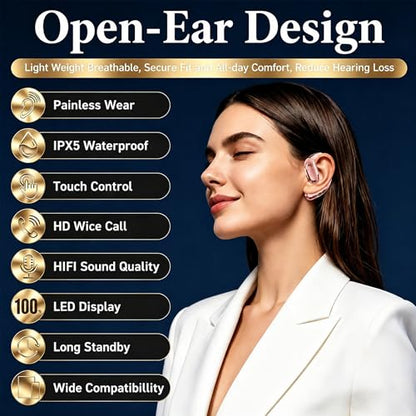 Open Ear Headphones, Wireless Headphones with Smart Digital Display & Mic - color: Rose Gold