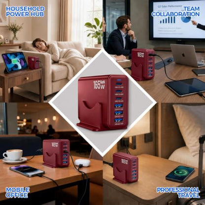 165W GaN Charging Station, 6-Port Desk Charging Station, Burgundy - color: Burgundy