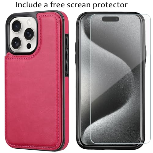 Compatible with iPhone 15 Pro Max 6.7” Wallet Case +1 Screen Protector, Slim Protective case with Card Holder, PU Leather Kickstand Card Slots Case -Rose Red - color: Rose Red