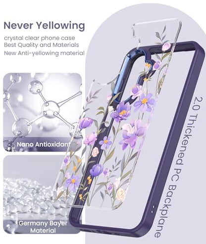 Clear Flower Pattern Case for Samsung Galaxy S26 FE-Deep Purple | Girl Women Slim Soft TPU + Hard PC Military Grade Protective Phone Cover WithTempered Glass Screen Protector for S26 FE - color: S26 FE-Deep Purple