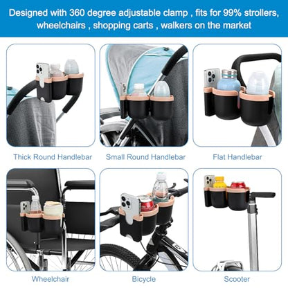 Accmor Stroller Cup Holder with Phone Holder, Bike Cup Holder, Universal Cup Holder for Uppababy Nuna Strollers, 2-in-1 Drinks Holder for Walker, Wheelchair, Scooter - color: Double Holder-Pink