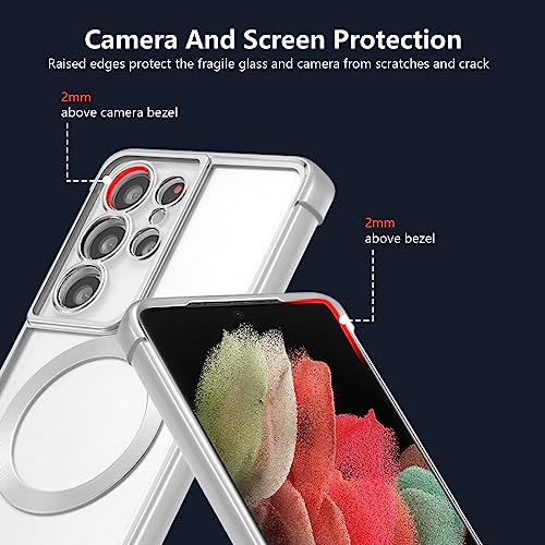 RALEAVO Magnetic Case for Samsung Galaxy S21 Ultra Clear Case Cover [Compatible with Magsafe & Military Grade Drop Protection] Transparent Shockproof Slim Plated Phone Case - Silver - color: Silver, size: S21 Ultra