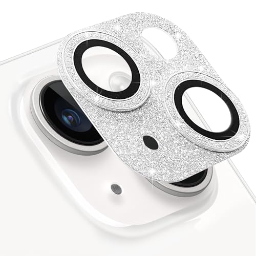 Compatible with iPhone 13 Mini and iPhone 13 Camera Lens Protector, Bling Glitter 9H Tempered Glass Camera Cover Anti Scratch Shockproof Lens Screen Full Protective Cover -Silver - color: Silver Glitter, size: for iPhone 13 / 13 Mini