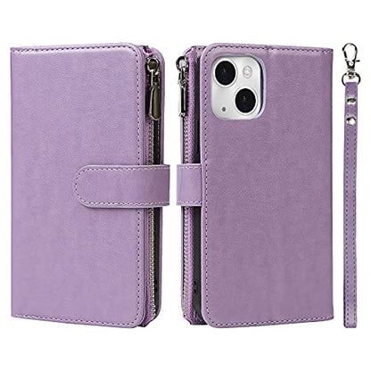 iCoverCase Compatible with iPhone 13 Wallet Phone Case with Card Holder, PU Leather Zipper Pocket Magnetic Detachable Flip Case with Wrist Strap (Purple) - color: Detachable--Purple