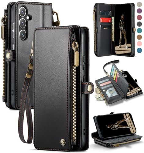 Defencase for Samsung Galaxy S25+/Plus Wallet Case with Card Holder, Black | with RFID Blocking Zipper Pocket, Durable PU Leather, Wrist Strap, S25 Plus Flip Phone Cases Cover with Stand for Women Men - color: Black