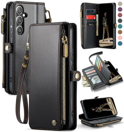 Defencase for Samsung Galaxy S25+/Plus Wallet Case with Card Holder, Black | with RFID Blocking Zipper Pocket, Durable PU Leather, Wrist Strap, S25 Plus Flip Phone Cases Cover with Stand for Women Men - color: Black