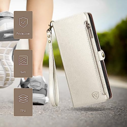 XcaseBar Compatible with ‌Moto Edge 5G 2025 Wallet case with Zipper Credit Card Holder【RFID Blocking】,Flip Folio Book PU Leather Phone case Shockproof Cover Women Men for Mote Edge 2025 case White - color: White