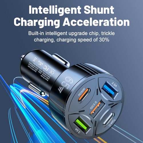 USB C Car Phone Charger Adapter 5 in 1 Multi Port PD30W &QC3.0 Super Fast Charging, 65W Cigarette Lighter USB Charger for iPhone/Android/Samsung/iPad Pro and More (White) - color: White