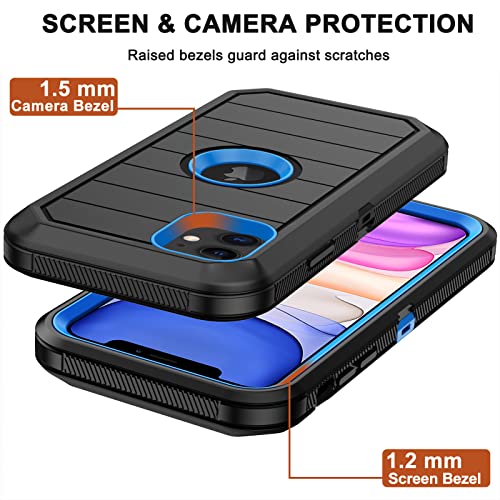 for iPhone 11 Case with Belt Clip Holster, 2 x Screen Protector, [Military Grade] Heavy Duty Full Body Shockproof Dust-Proof Drop Proof Rugged Protective Cover for Apple iPhone 11 (Black Blue B) - color: Black Blue B
