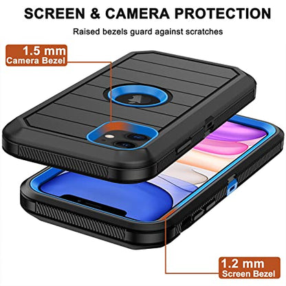 for iPhone 11 Case with Belt Clip Holster, 2 x Screen Protector, [Military Grade] Heavy Duty Full Body Shockproof Dust-Proof Drop Proof Rugged Protective Cover for Apple iPhone 11 (Black Blue B) - color: Black Blue B