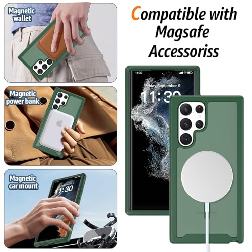 for Samsung Galaxy S22 Ultra Case Magnetic, Compatible with Magsafe 6.8-Inch Slim Fit 360 Heavy Duty Protector Wireless Charging Shockproof Anti-Slip TPU and PC Protective Phone Cover, Green - color: Green