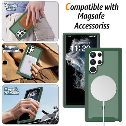 for Samsung Galaxy S22 Ultra Case Magnetic, Compatible with Magsafe 6.8-Inch Slim Fit 360 Heavy Duty Protector Wireless Charging Shockproof Anti-Slip TPU and PC Protective Phone Cover, Green - color: Green