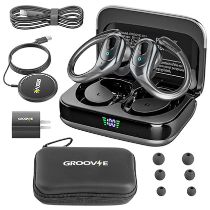 Groove 4-in-1 Wireless Earbuds w/Charging Case - 80 Hours Playtime Wireless Headphones Bluetooth 5.3 IPX7 Waterproof Noise Cancelling Earphones w/LED Light Display | Phone Charging Pad Electronics - color: Black