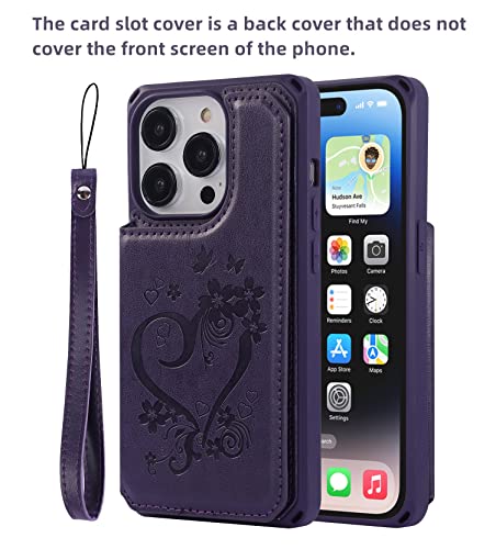 iCoverCase Compatible with iPhone 14 Pro Wallet Phone Case with Card Holder for Women, RFID Blocking Embossed PU Leather Wrist Strap Case 6.1 Inch (Heart Dark Purple) - color: H-Dark Purple