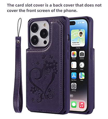 iCoverCase Compatible with iPhone 14 Pro Wallet Phone Case with Card Holder for Women, RFID Blocking Embossed PU Leather Wrist Strap Case 6.1 Inch (Heart Dark Purple) - color: H-Dark Purple