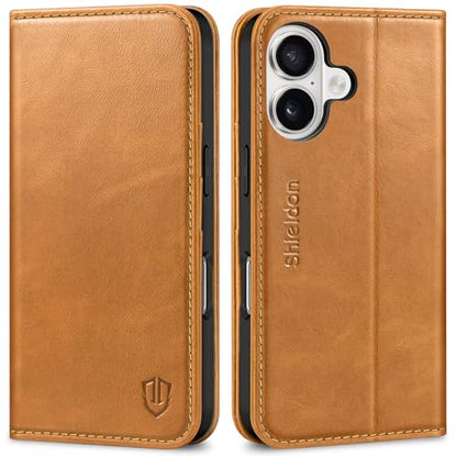 SHIELDON Genuine Leather Wallet Case for iPhone 17 6.3", Retro Light Brown | Magnetic Closure, RFID Blocking, Credit Card Slot, Kickstand, Flip Book Design, Shockproof Phone Cover - color: Retro Light Brown