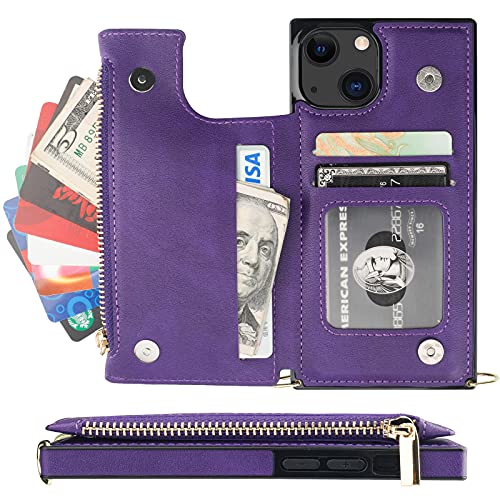 Bocasal Crossbody Wallet Case with Strap for iPhone 13/14, Purple | RFID Blocking Card Slot Holder, Magnetic Flip Folio Purse Case, PU Leather Zipper Handbag Detachable Lanyard Strap 6.1 Inch - color: Purple