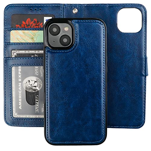 Bocasal Detachable Wallet Case Card Holder for iPhone 14, Blue | RFID Blocking Kickstand Card Slots Holder PU Leather Magnetic Shockproof Wrist Strap Removable Flip Protective Cover 6.1 inch - color: Blue