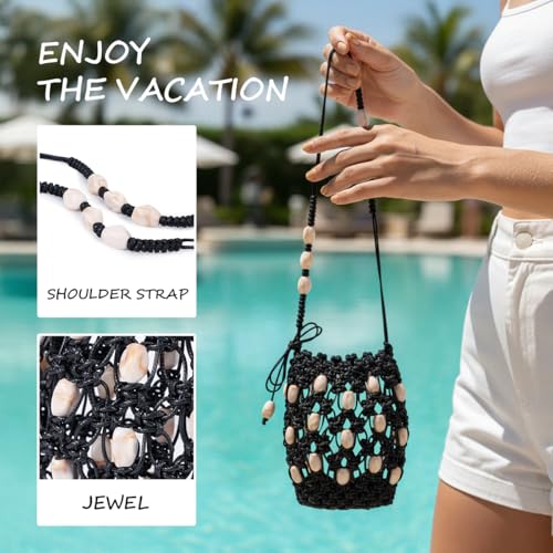 Boho Beaded Small Crossbody Bag for Women, Lightweight Crochet Cell Phone Purse with Adjustable Strap Crossbody Phone Purse - color: Black