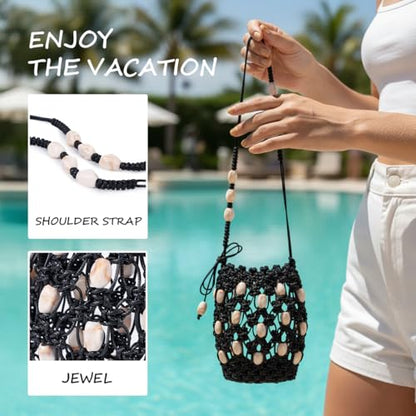 Boho Beaded Small Crossbody Bag for Women, Lightweight Crochet Cell Phone Purse with Adjustable Strap Crossbody Phone Purse - color: Black