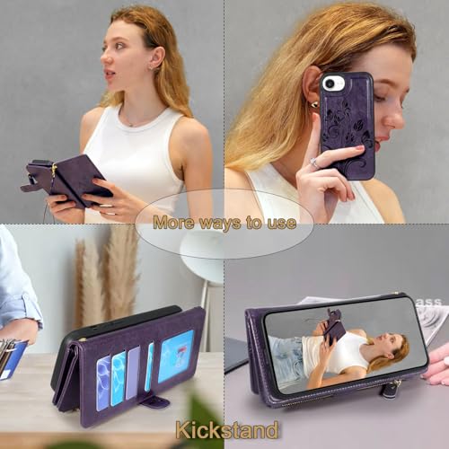 Case Wallet Compatible with iPhone 16e/17e, [12 Card Slots] ID Credit Cash Holder Zipper Pocket Detachable Leather Wallet Cover with Wrist Strap Lanyard（Floral Dark Purple） - color: Floral Dark Purple