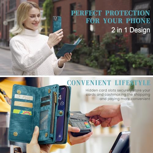Compatible with iPhone 15 Wallet Case with Magsafe,Blue | Magnetic Detachable Case,Card Holder,Zipper Pocket,Strap Wristlet, Soft Leather Drop-Proof Phone Case for iPhone 15 6.1" - color: Blue, size: iPhone 15 6.1"