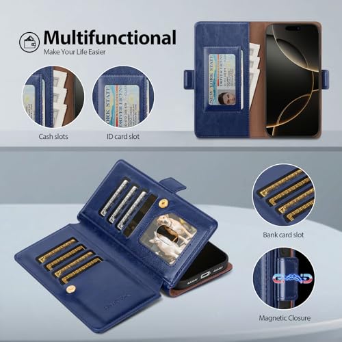 Compatible with iPhone 17 Pro Case Wallet with Card Holder [9 Card Slot] Women Men,RFID Blocking Luxury PU Leather Phone Case Flip Folio Protector Cover Credit Card Slot Kickstand,Blue - color: Blue, size: iPhone 17 Pro
