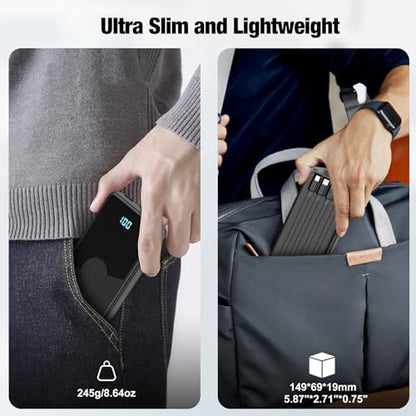 Portable Charger with Built in Cables,High Speed Power Bank 10000mAh Travel Battery Pack 5 Outputs 3 Inputs Portable Phone Charger Backup Battery for iPhone, Samsung, iPad,Tablets (Black) - color: Black