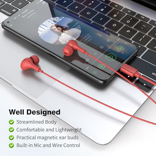 USB C Headphones for iPhone 18 Pro Max 17 16 15/Galaxy S26 FE Wired Earbuds - color: Red