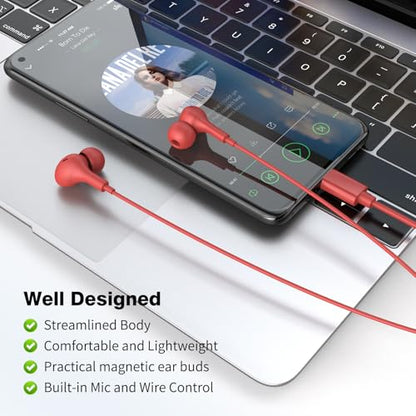 USB C Headphones for iPhone 18 Pro Max 17 16 15/Galaxy S26 FE Wired Earbuds - color: Red