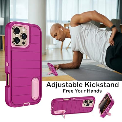 for iPhone 16 Pro Case with Screen Protector,Built-in Invisible Kickstand,Heavy Duty Shockproof Drop Protection Military Grade Tri-Layer Rugged Durable Cell Phone Cover for Apple 16 Pro 6.3"(Purple - color: Purple