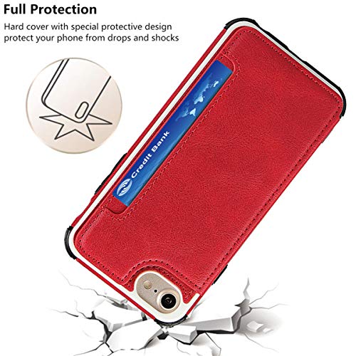 iCoverCase Compatible with iPhone SE(2022)/SE(2020)/7/8/6/6s Wallet Case with Card Slots Holder and Wrist Strap Premium PU Leather Kickstand Magnetic Clasp Shockproof Flip Cover Case (Red) - color: Red