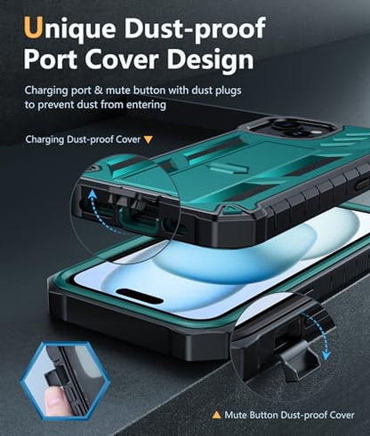 FNTCASE for iPhone 15/14/13 Case, Built-in Screen Protector, Kickstand | 20FT Military-Grade Drop Protection, Anti-Slip Matte Textured, Rugged Heavy Duty Shockproof Protective Phone Cover, Green - color: Green
