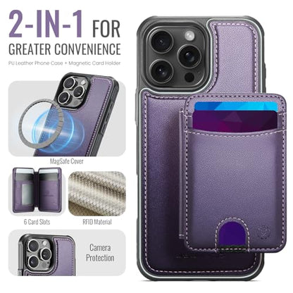 WJX for iPhone 16 Pro MagSafe Wallet Case, 2-in-1 Detachable Luxury Card Holder, Universal MagSafe Compatible, RFID Blocking, Shockproof Kickstand Slim Cover， Grape Purple - color: Grape purple, size: iPone 16 Pro