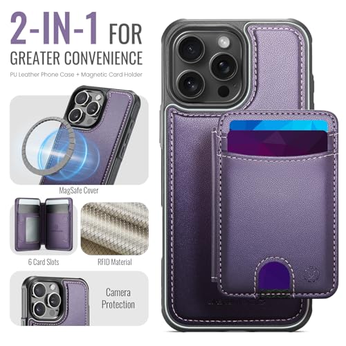 WJX for iPhone 16 Pro MagSafe Wallet Case, 2-in-1 Detachable Luxury Card Holder, Universal MagSafe Compatible, RFID Blocking, Shockproof Kickstand Slim Cover， Grape Purple - color: Grape purple, size: iPone 16 Pro