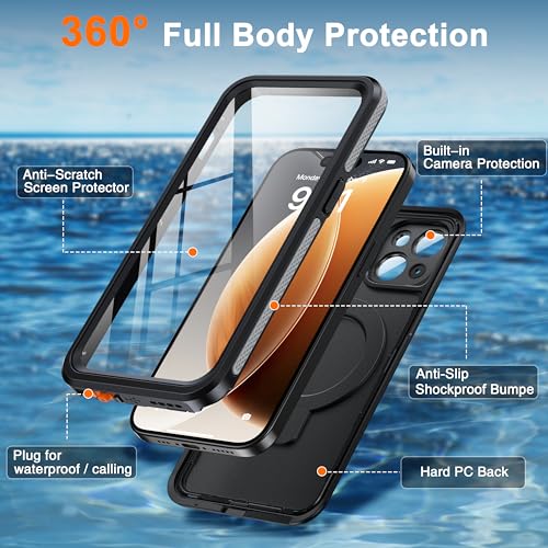 Oterkin Magnetic Stand for iPhone 15 Case Waterproof IP68, Black - color: Black, size: iPhone 15 6.1''