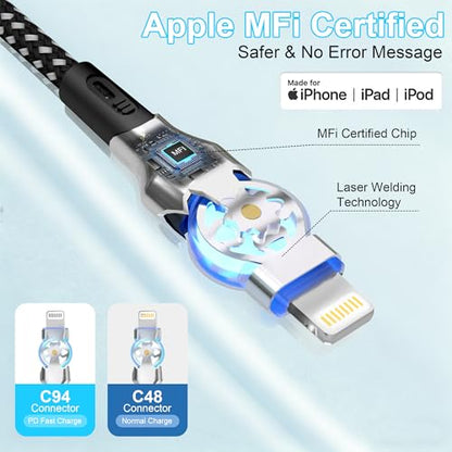 90 Degree iPhone Charger Cord with 180°Rotating Head, 6.6FT Swivel Right Angle Lightning Cable for Apple Carplay, MFi Certified Charger for iPhone 14 13 12 11 X Xs Pro, iPad